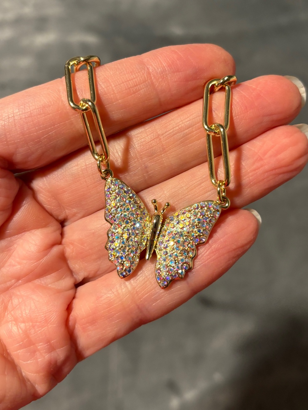 Gold Iridescent Crystal Butterfly Pendant Paperclip Link Adjustable Necklace